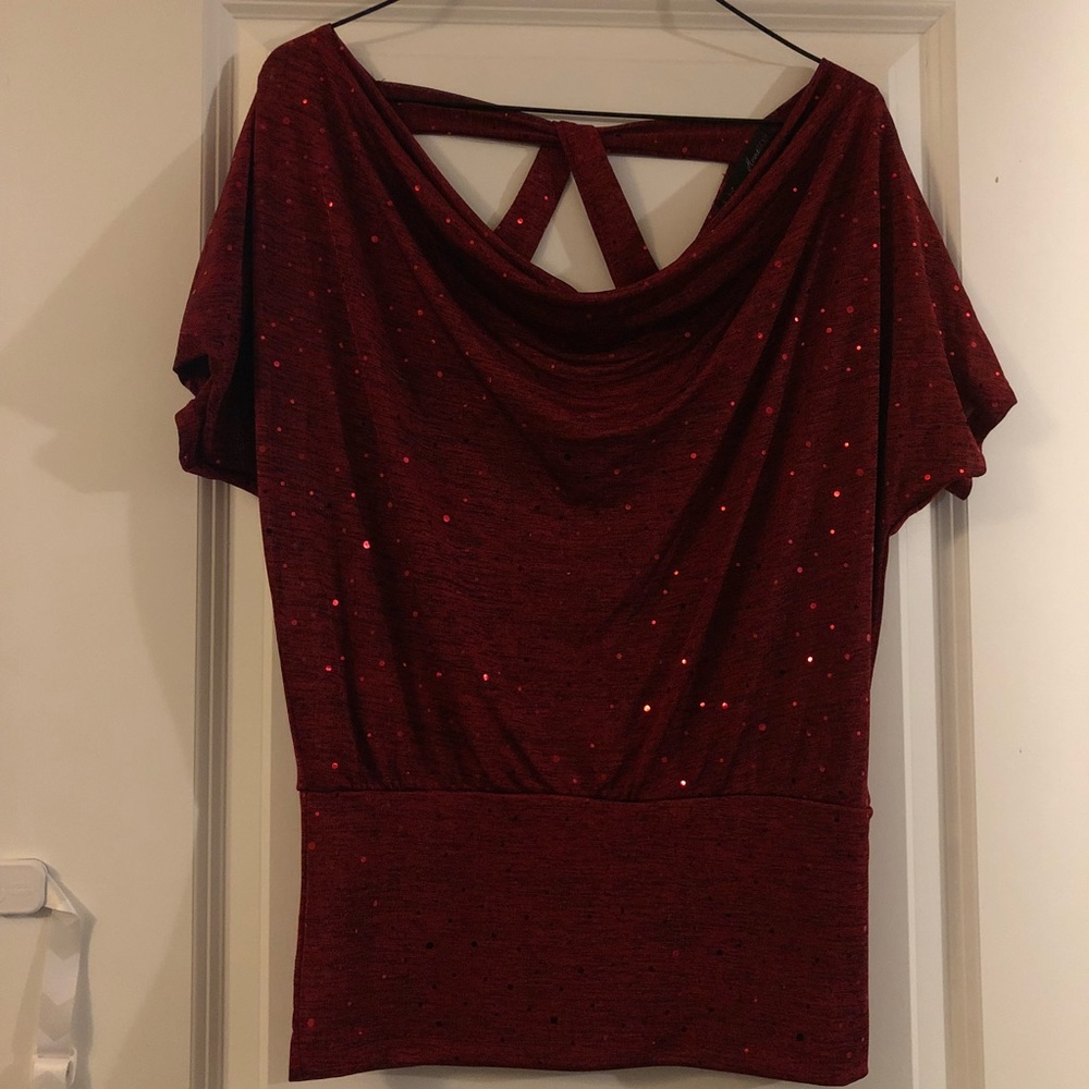 Sparkly strappy back drape neck banded bottom top